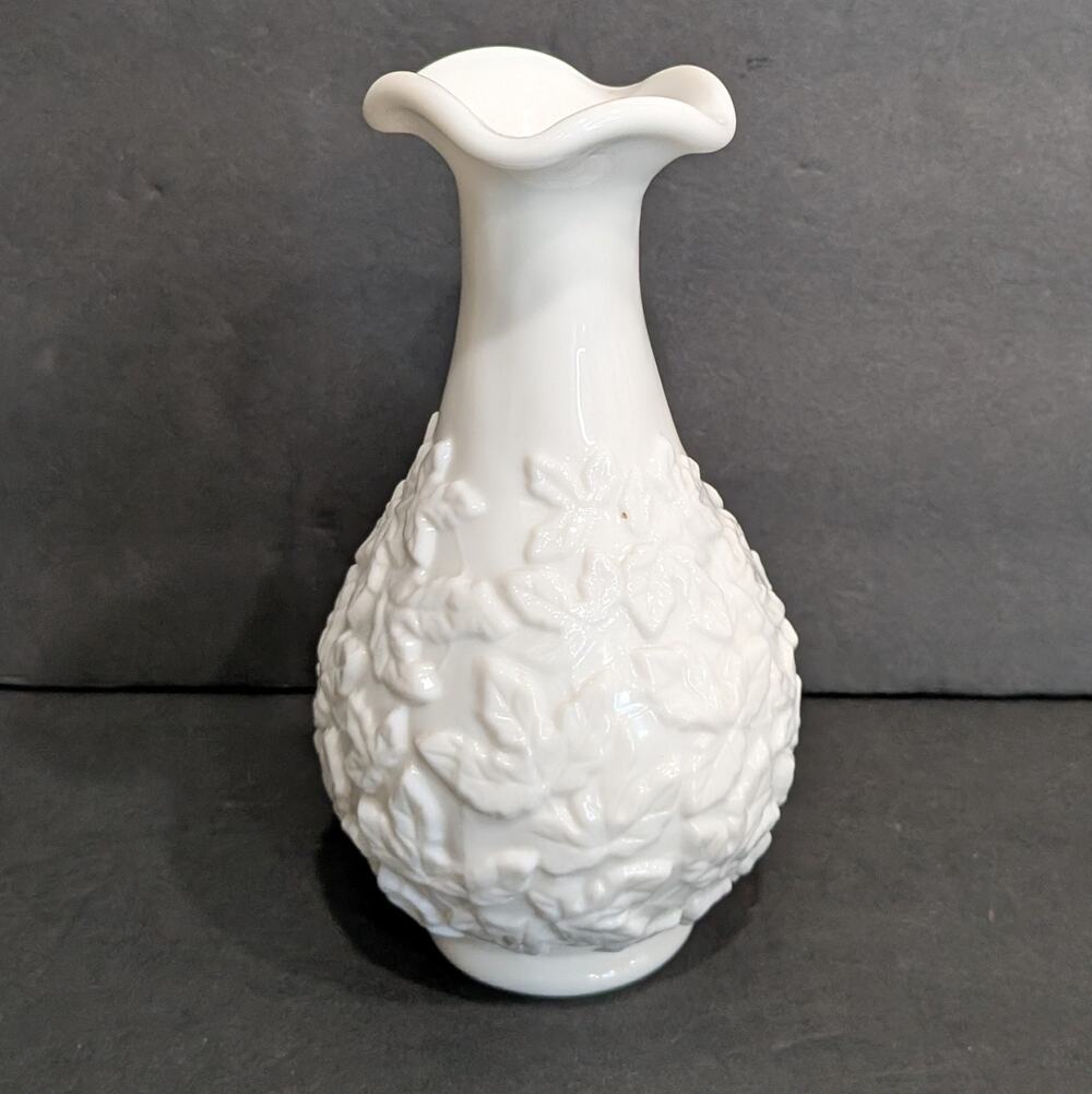 Vintage White Milk Glass Bud Vase Embossed Leaf Pattern Ruffled Rim 6.5"